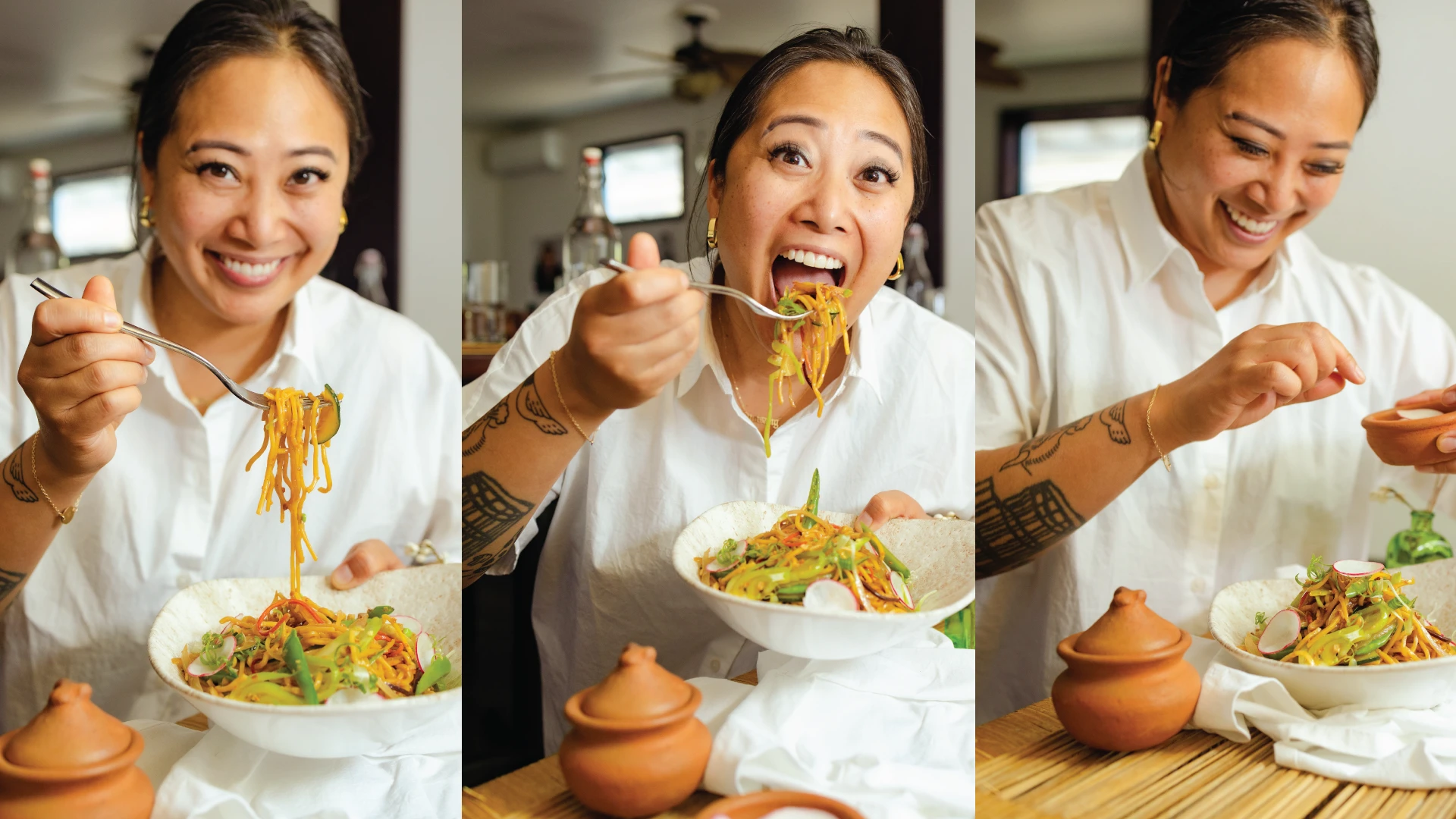 Chef Mel Miranda smiling and enjoying a bowl of pancit at Musang in a three-panel sequence