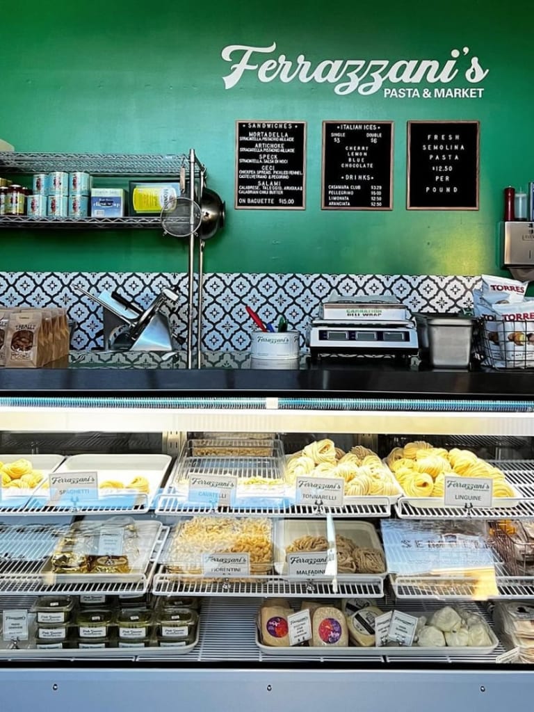 The pasta counter at Ferrazzani's Pasta & Market in Pasadena, with fresh semolina pastas in the deli case
