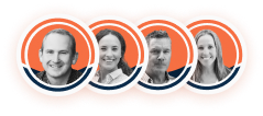 Four circular headshots arranged in a row, each featuring a different person. The first person is a man with short hair and a light smile, followed by a woman with long dark hair. Next is a man with medium-length gray hair and a serious expression, and lastly a woman with long light brown hair and a slight smile. The background includes orange and blue decorative circles.