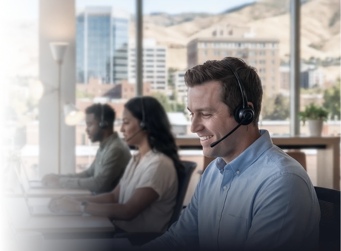 Three people working at computers in a modern office setting. The foreground shows a man with a headset smiling at his desk, while a woman and another man are visible in the background, both using laptops.