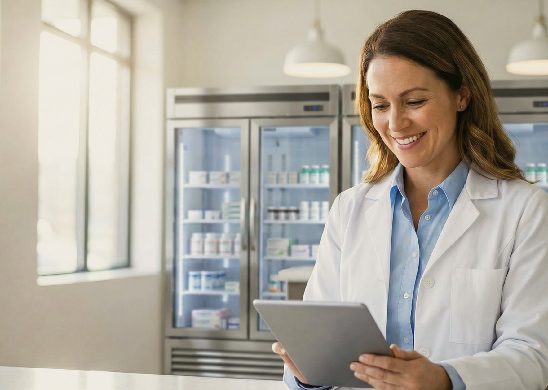 A woman wearing a white lab coat and light blue shirt stands in a pharmacy, holding a tablet. Behind her are refrigerated shelves displaying various pharmaceutical products. The room is well-lit with large windows providing natural light.