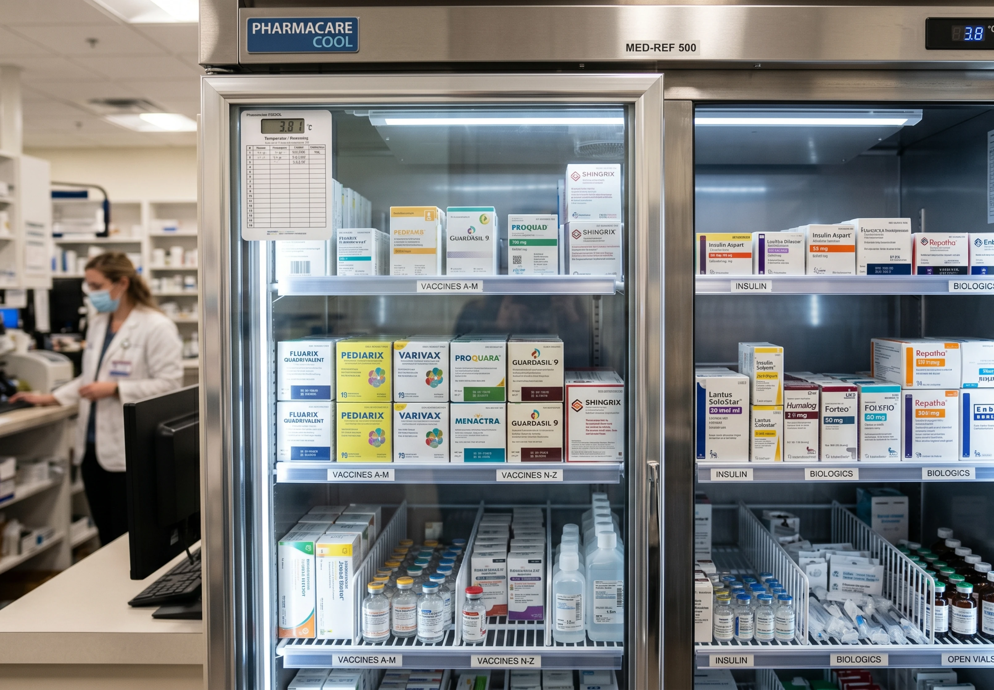 A healthcare worker in blue scrubs and a surgical cap, wearing gloves and a mask, is opening a medication storage unit. The unit contains shelves filled with labeled medicine bottles, and a digital display is visible on the front.