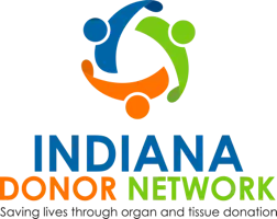 A colorful logo for Indiana Donor Network featuring interlocking shapes in blue, green, and orange. The text "INDIANA DONOR NETWORK" is displayed in bold letters below the logo.