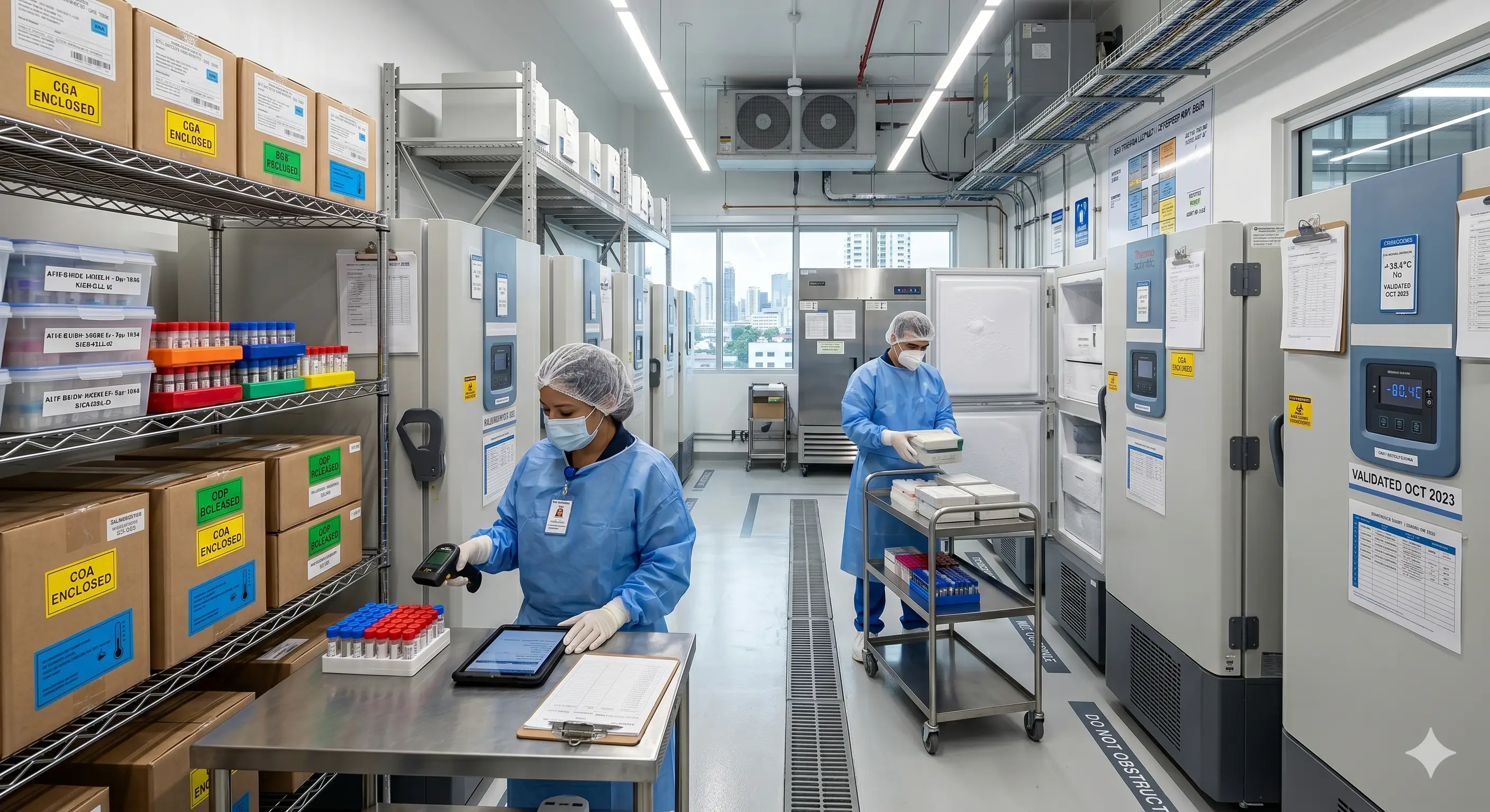 A healthcare facility laboratory featuring two workers in blue protective clothing and masks. One worker scans a sample with a handheld device while the other prepares items on a cart. Shelves stocked with boxes and refrigeration units are visible in the background.