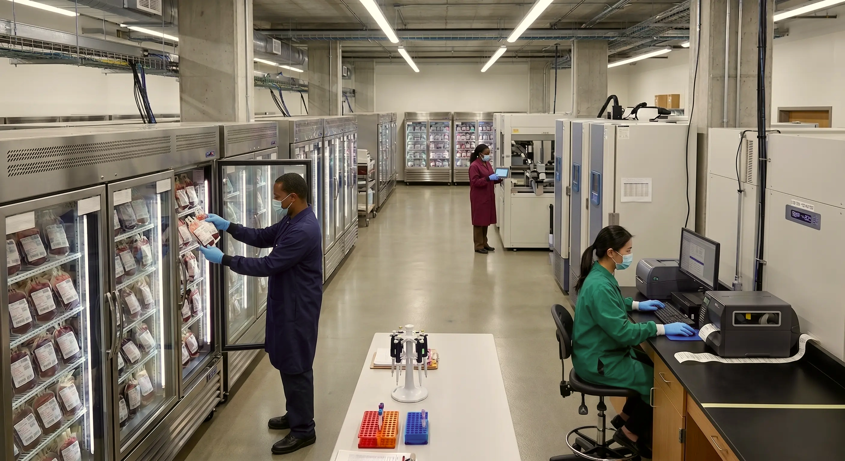 In a laboratory setting, a man in a blue lab coat organizes products in a refrigerated display case, while a woman in a green lab coat works at a computer station. Another individual in a purple coat is positioned near equipment in the background.