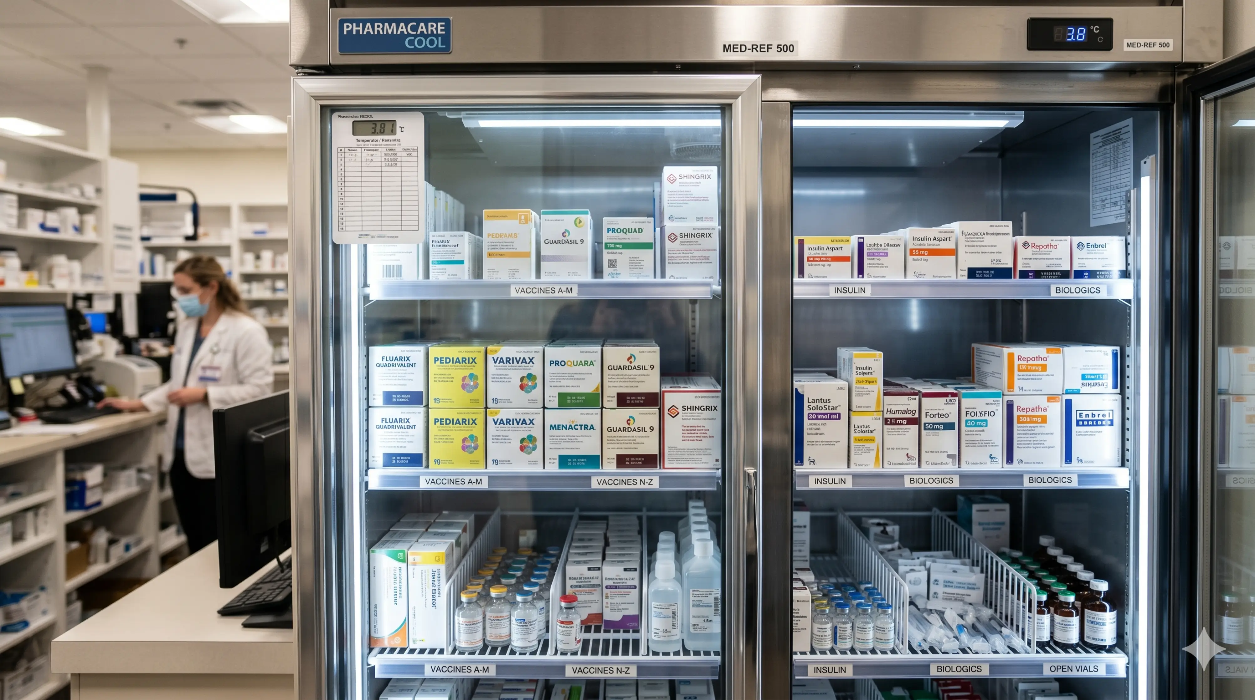 A pharmacy refrigerator displays various pharmaceuticals in neatly organized boxes, labeled with different medication names and dosages. In the background, a pharmacy technician in a white lab coat works at a computer station.
