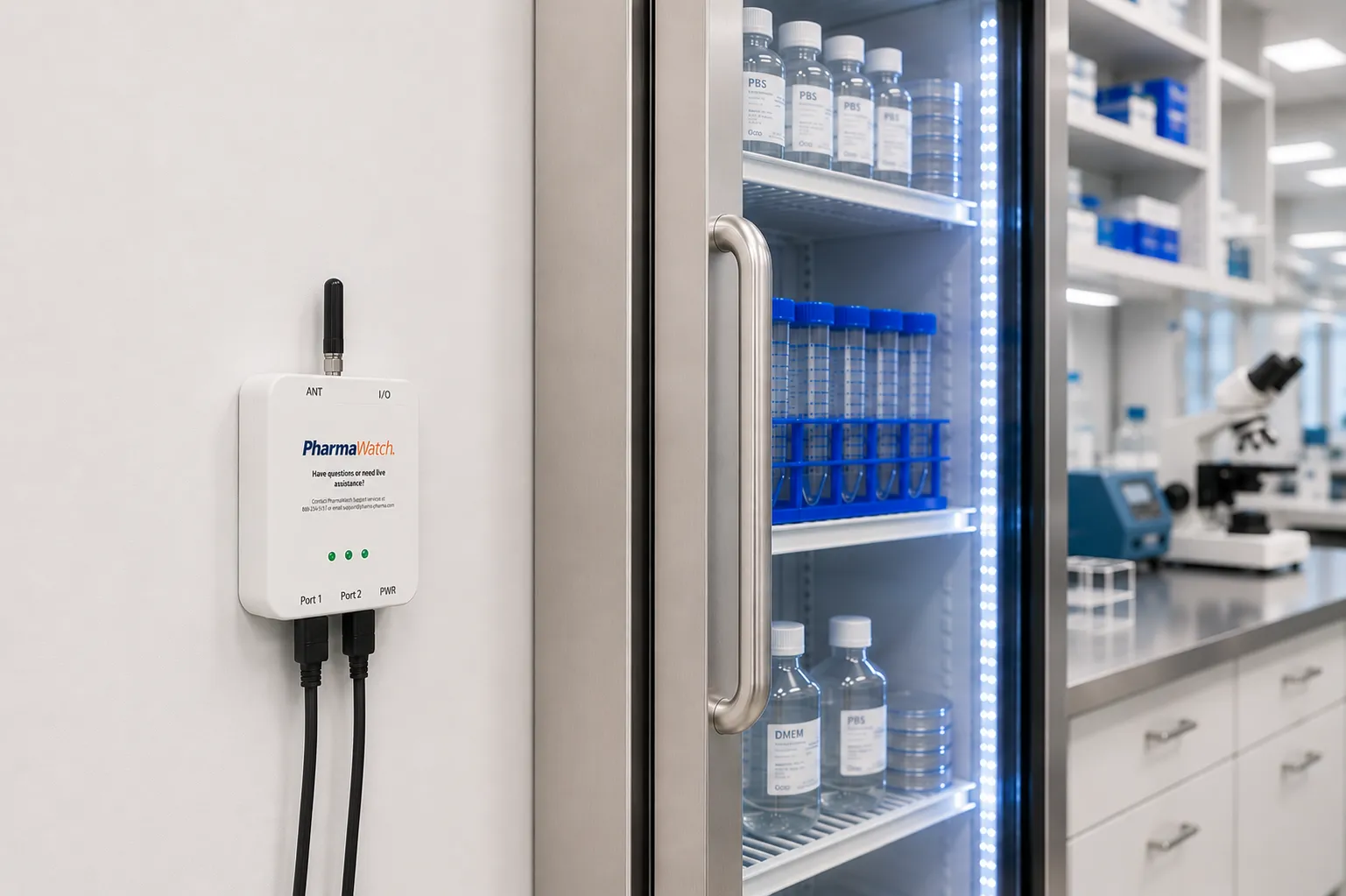 A digital monitoring device labeled "PharmaCloud" is mounted on the wall near a refrigerator. The refrigerator's glass door displays multiple bottles filled with liquids, and the interior is illuminated with blue lighting.
