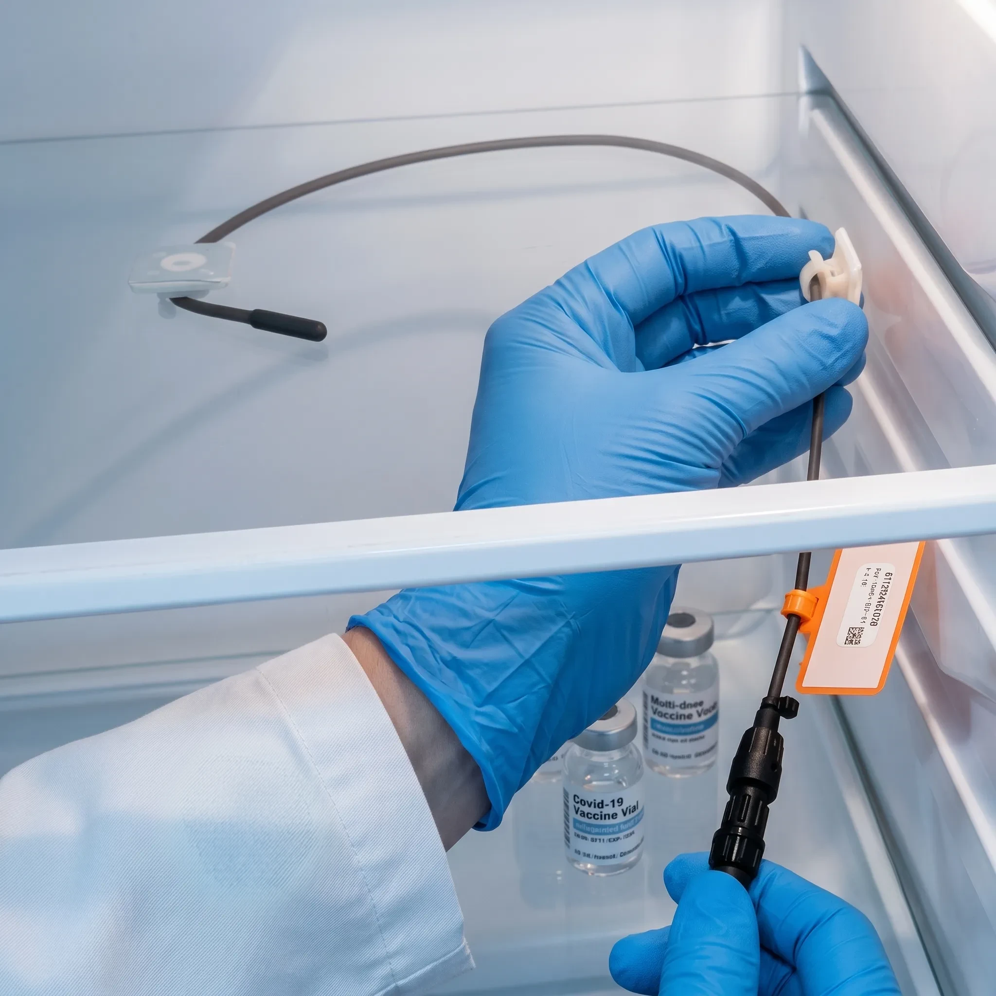 A person wearing blue gloves is handling a syringe inside a refrigerator. Several vials labeled "COVID-19 vaccine" are visible on a shelf, alongside a thin tube running from the top of the fridge.