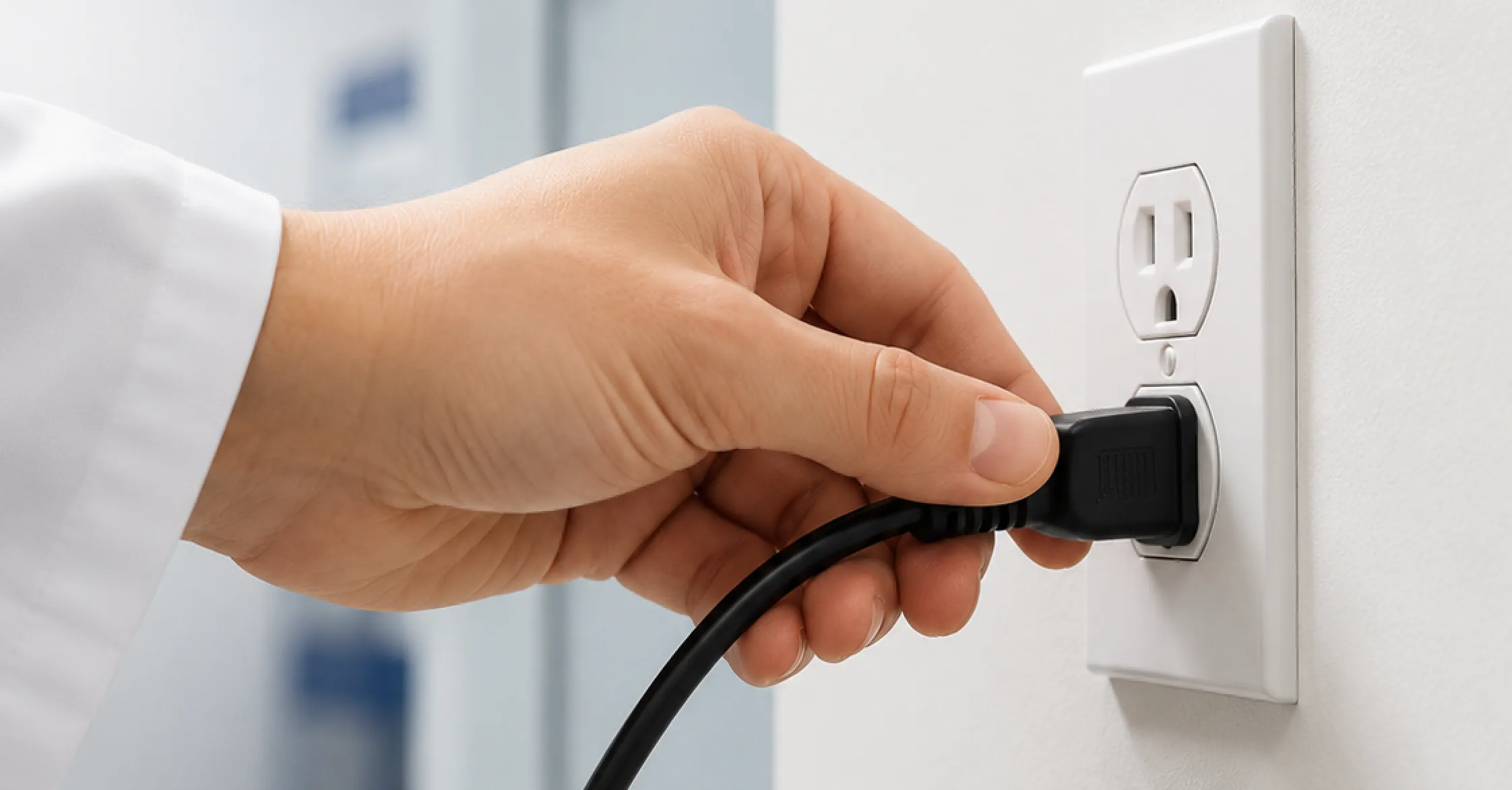 A close-up of a hand plugging a black electrical cord into a white wall outlet. The outlet is partially visible beside a light-colored wall with a blurred background suggesting an indoor setting.