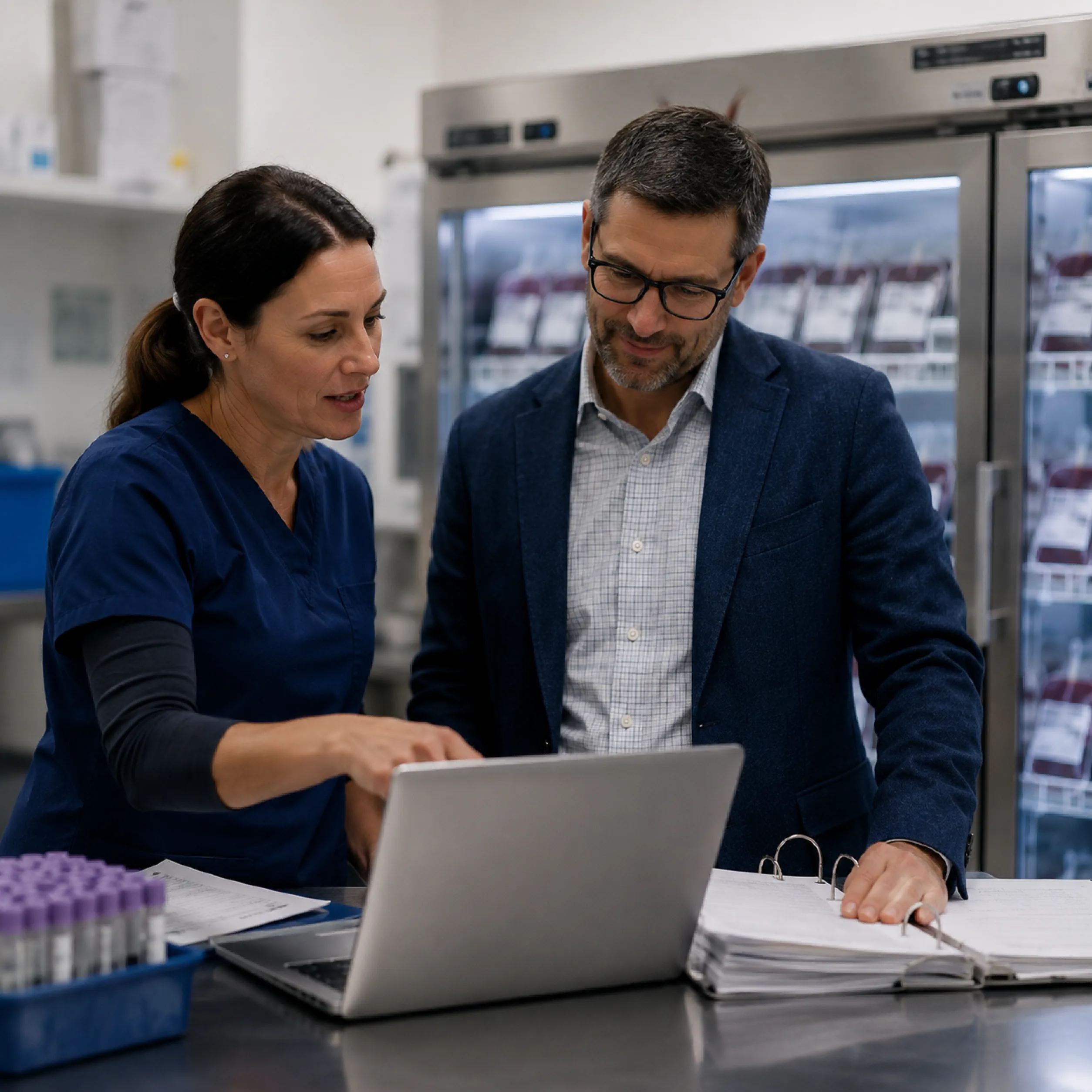 A woman in navy scrubs points at a laptop screen while discussing with a man in glasses and a dark blazer. They are in a medical setting with a refrigerator in the background, stocked with medical supplies.