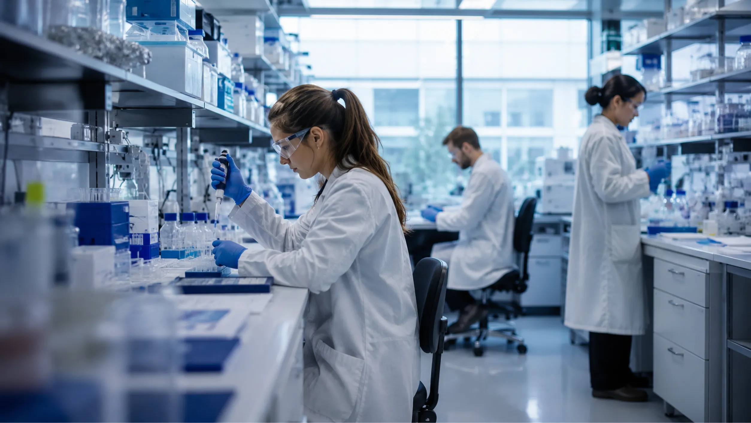 A laboratory scene with three scientists conducting experiments. A woman in a white lab coat and gloves uses a pipette at a workstation filled with glassware, while a seated man works at a nearby table. Another woman is seen in the background organizing equipment.