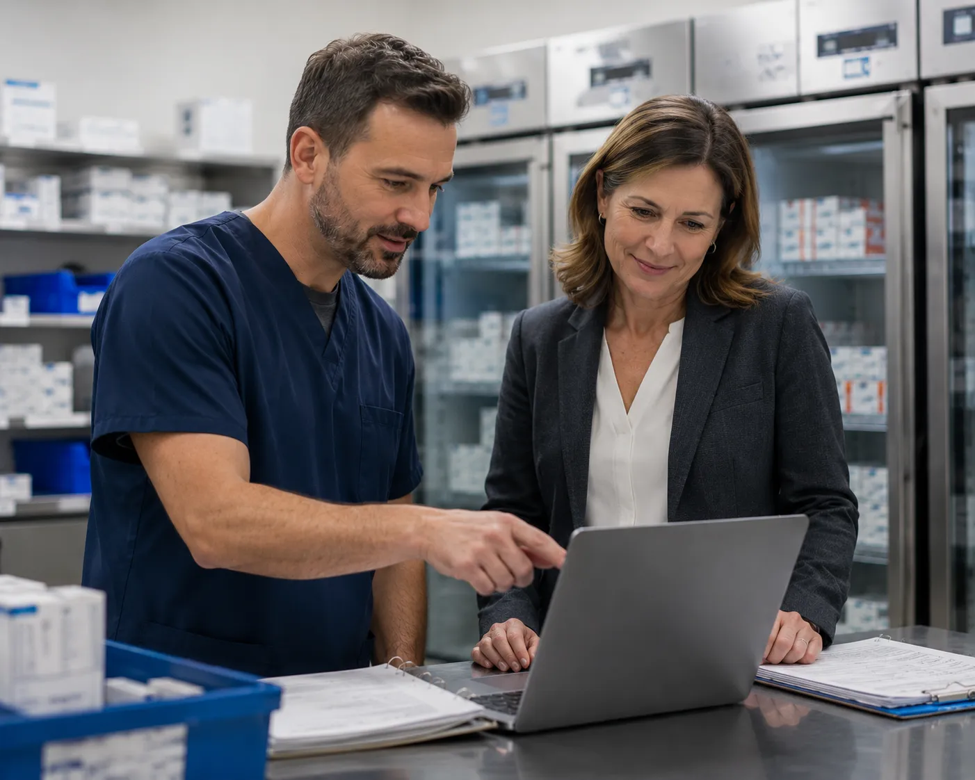 A man in navy scrubs points at a laptop screen while discussing information with a woman in a black blazer and white blouse. They are in a pharmacy setting with shelves of medication visible in the background.