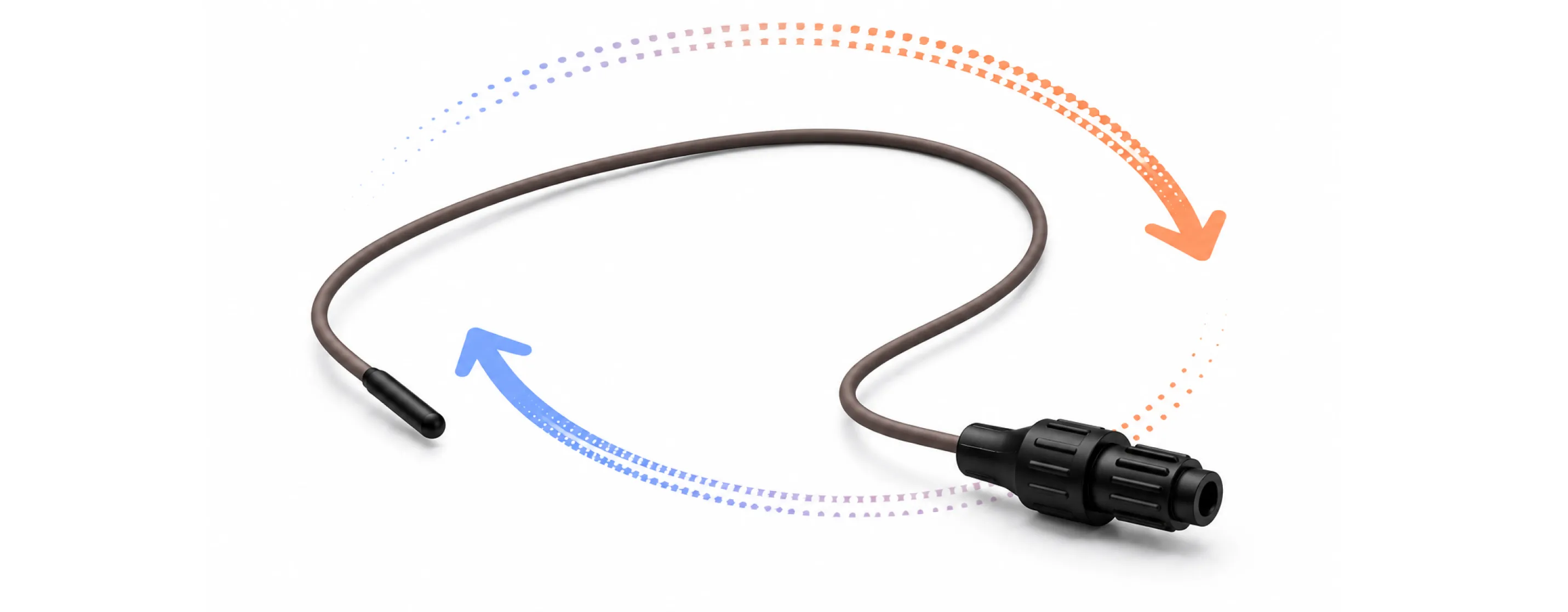 A flexible, thin cable with a black connector on one end and a small, pointed tip at the other. The cable is shown curving to the left and right, emphasizing its flexibility.