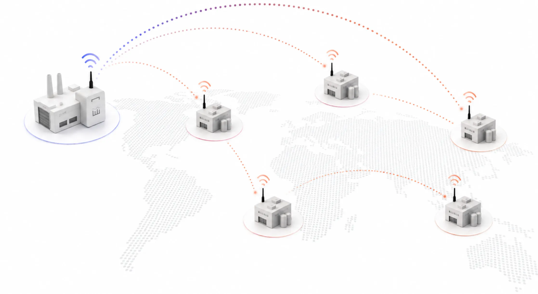 A network diagram featuring a central building with communication antennas connected to multiple smaller buildings across a world map. Lines indicate data transmissions in various directions, represented in blue and orange.