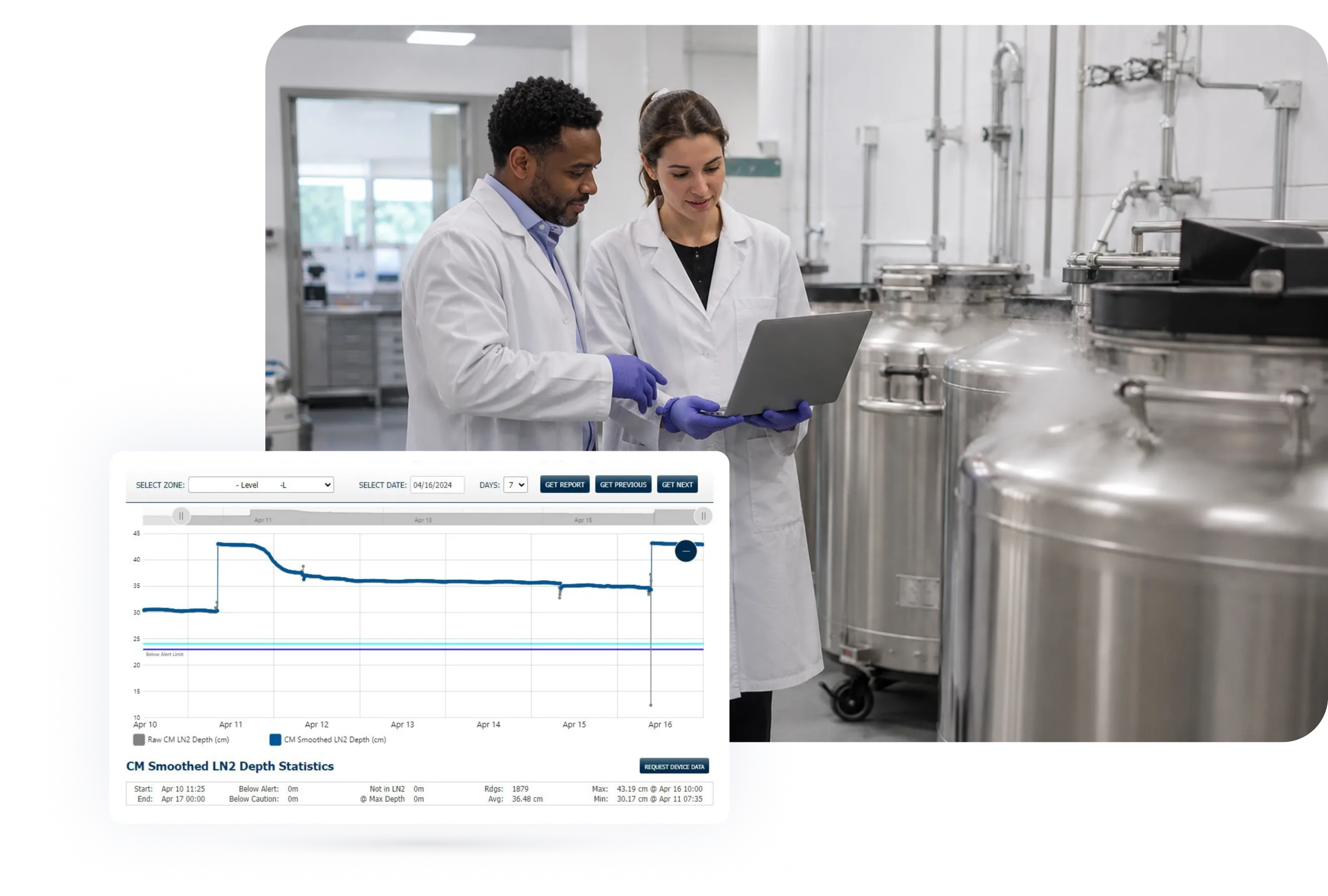 Two laboratory technicians in white lab coats and gloves collaborate while reviewing data on a laptop. They stand in an industrial lab setting with large equipment, including metallic containers, in the background.