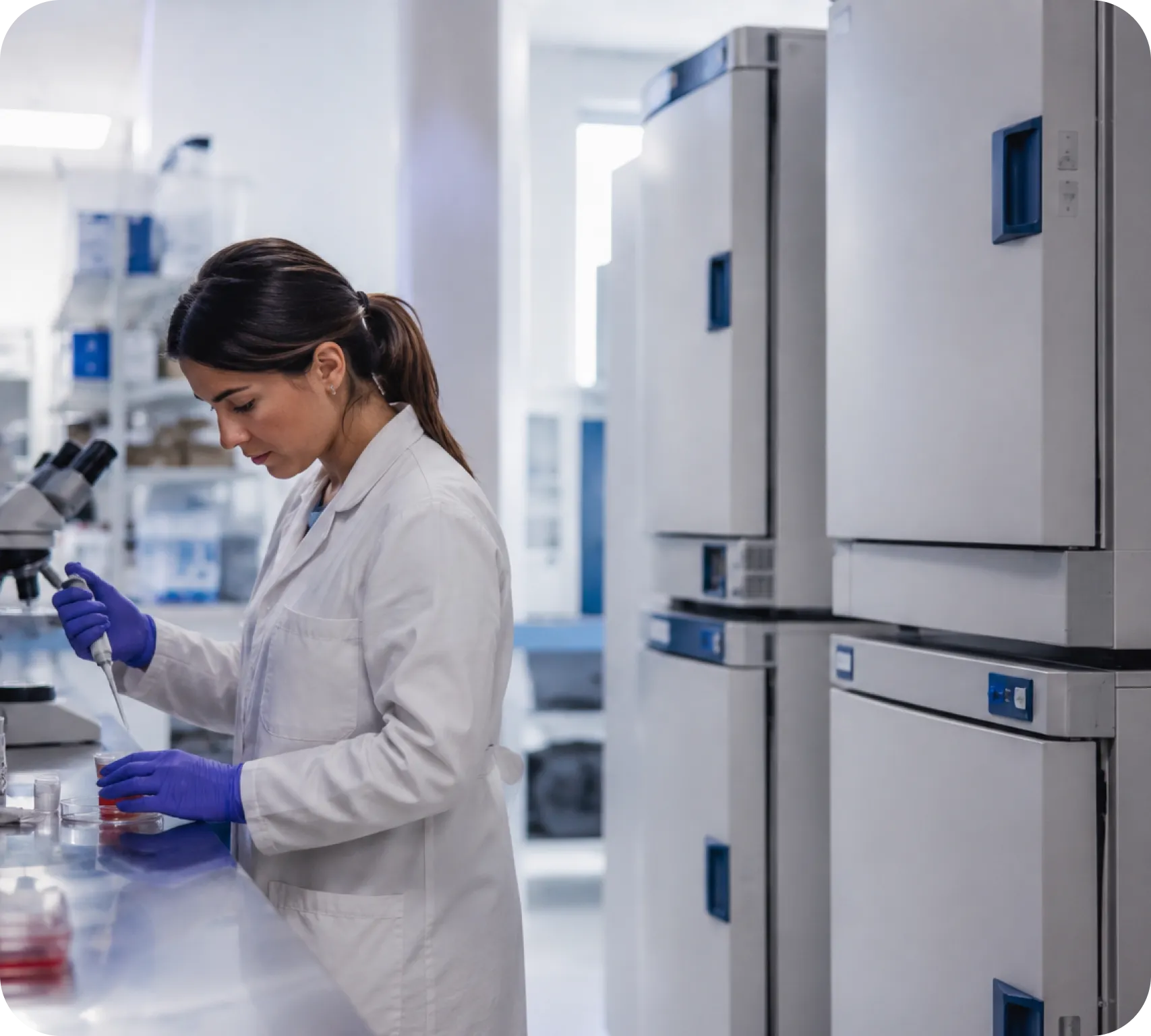 A woman in a white lab coat and blue gloves is using a pipette to transfer liquid into a petri dish in a laboratory. Behind her, several large laboratory refrigerators are visible, along with a microscope on the left.
