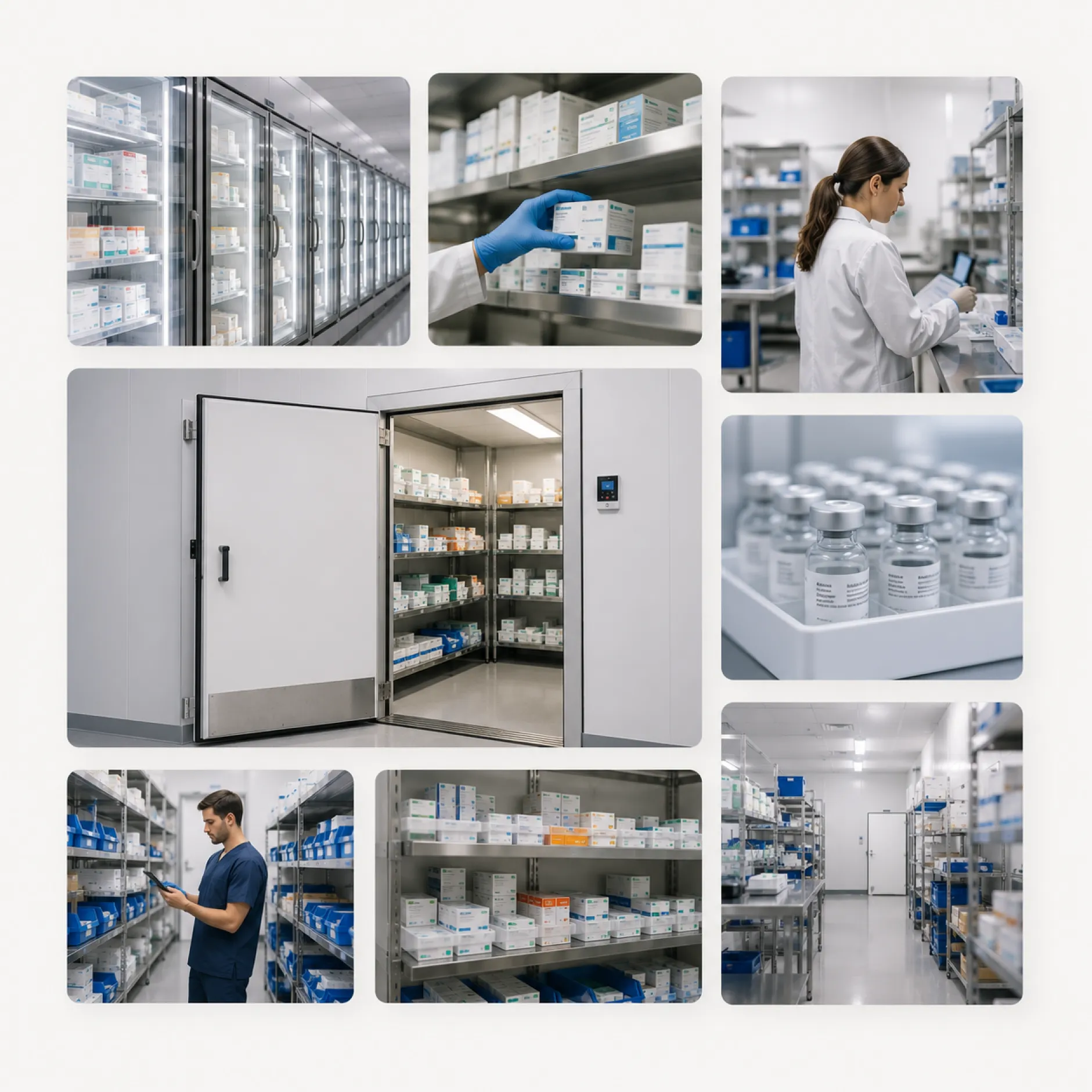 A collage showing a modern pharmaceutical storage facility. Images include shelves lined with various medicine boxes, a person with blue gloves inspecting a box, a door open to a storage area filled with vials, and a man checking a device while standing in front of a shelf.