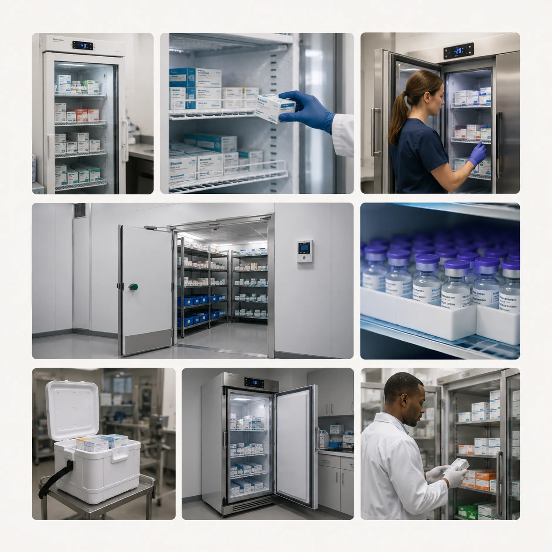 A collage of images showing a pharmaceutical storage area. The top row features two refrigerated cabinets filled with medication boxes and a person wearing gloves sorting items. The bottom row includes a cooler, a large storage unit, and vials organized on a shelf.