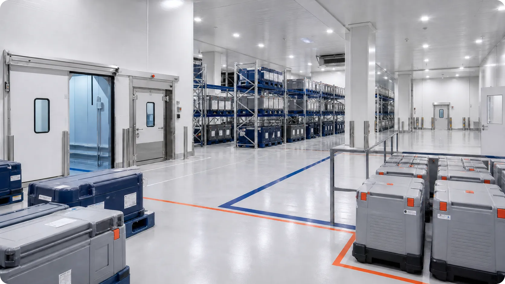 An industrial cold storage facility with large gray containers stacked on the right and metal shelves filled with crates in the background. Two doors are visible, leading to a loading area, all within a clean, white interior featuring smooth flooring.