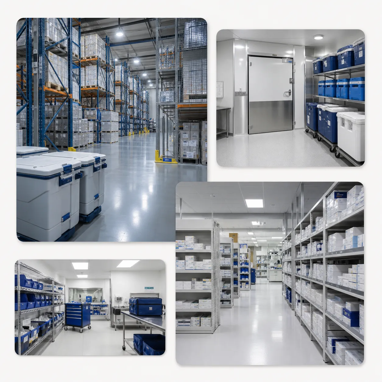 A collage of images showcasing a clean, organized warehouse. The first image features tall shelves filled with boxes. The second shows a cold storage door with blue containers. The third displays a cart and equipment in a sterile area. The fourth highlights shelves stocked with neatly arranged items.