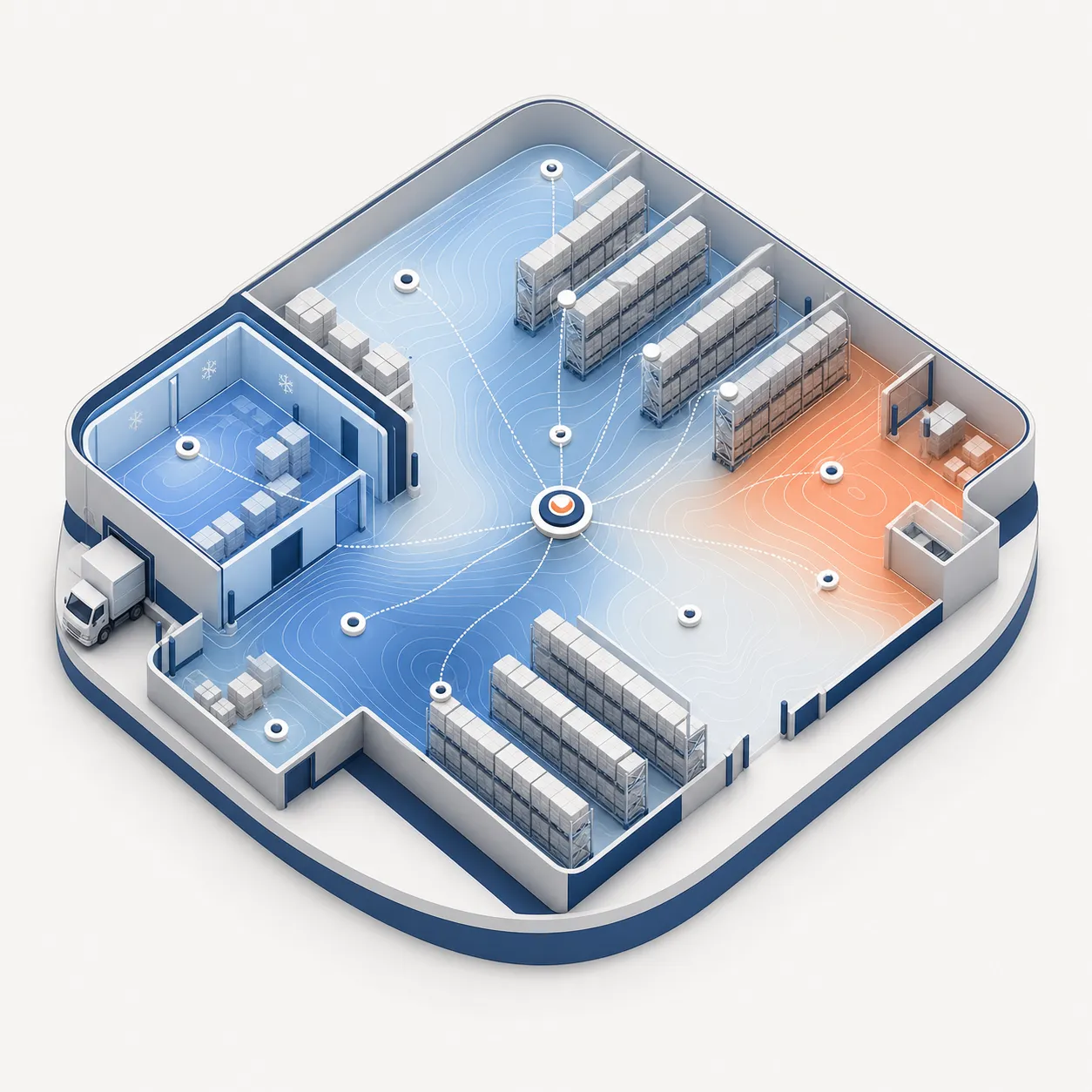 An isometric illustration of a supply chain warehouse layout, featuring a central area with storage aisles in blue and orange sections. Shelving units are displayed along the perimeter, with a loading dock on the left and an office space in the upper left corner.