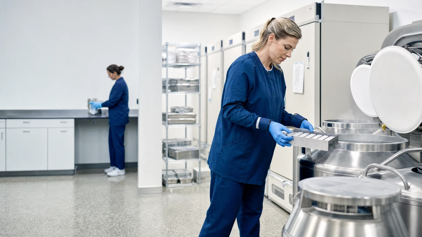 Tissue bank putting samples into liquid nitrogen tank