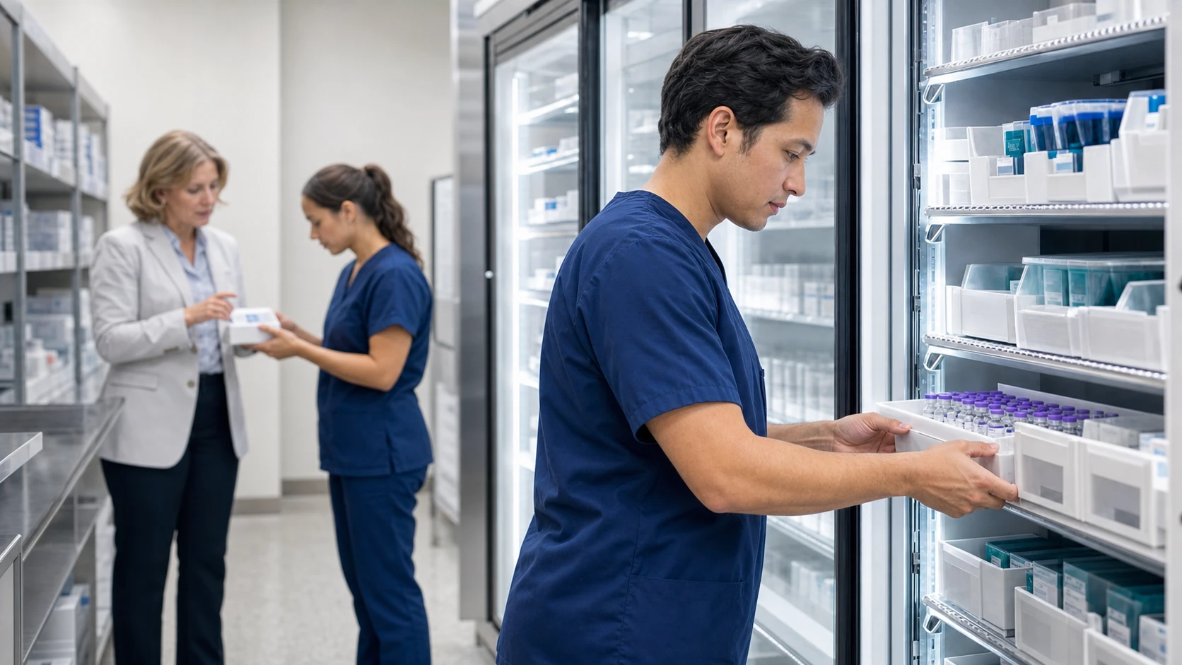 Image of nurse going into a fridge and taking our vaccine vials