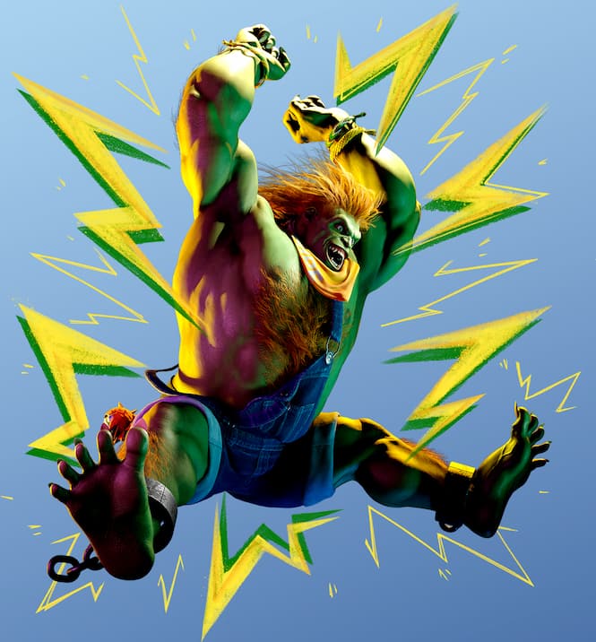 Green muscular creature with wild hair wearing denim overalls and an orange scarf, breaking chains and surrounded by yellow lightning bolts.