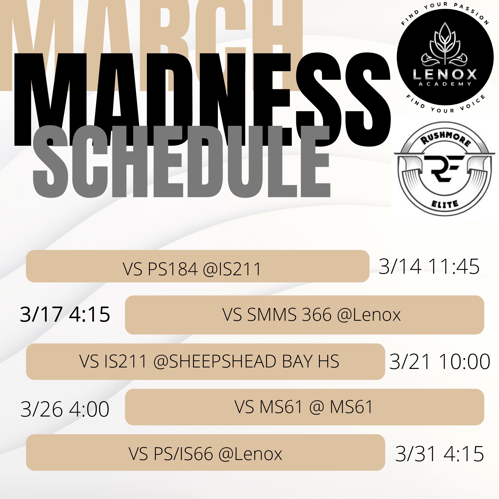 March Madness game schedule with dates, times, and opponents