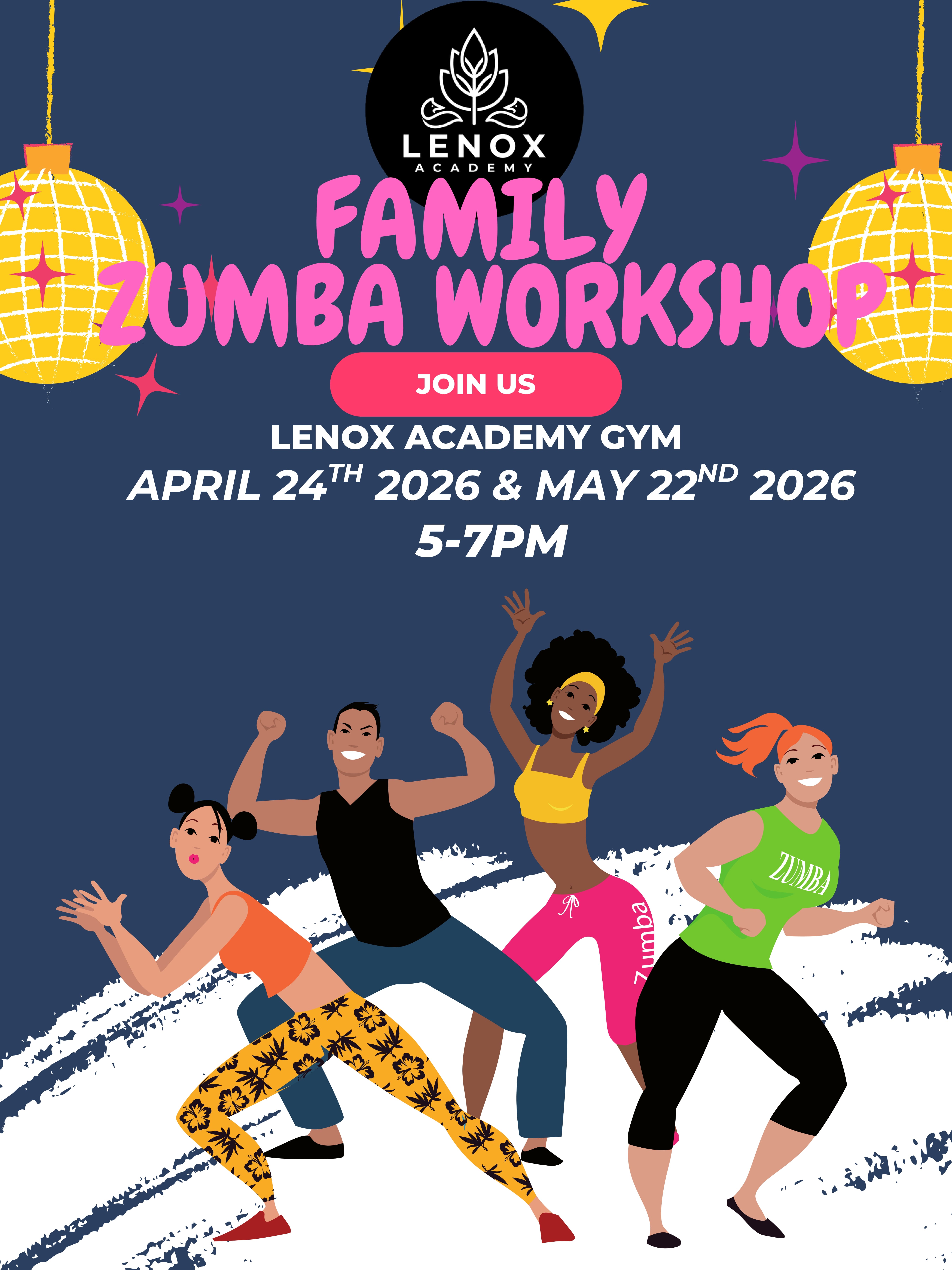 Flyer for Lenox Academy Family Zumba Workshop April and May 2026