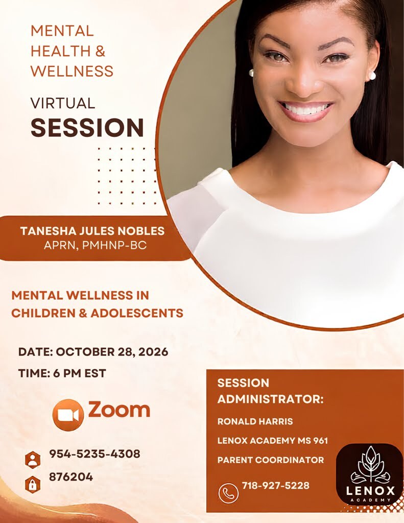 Tanesha Jules Nobles APRN presenting mental wellness virtual session flyer