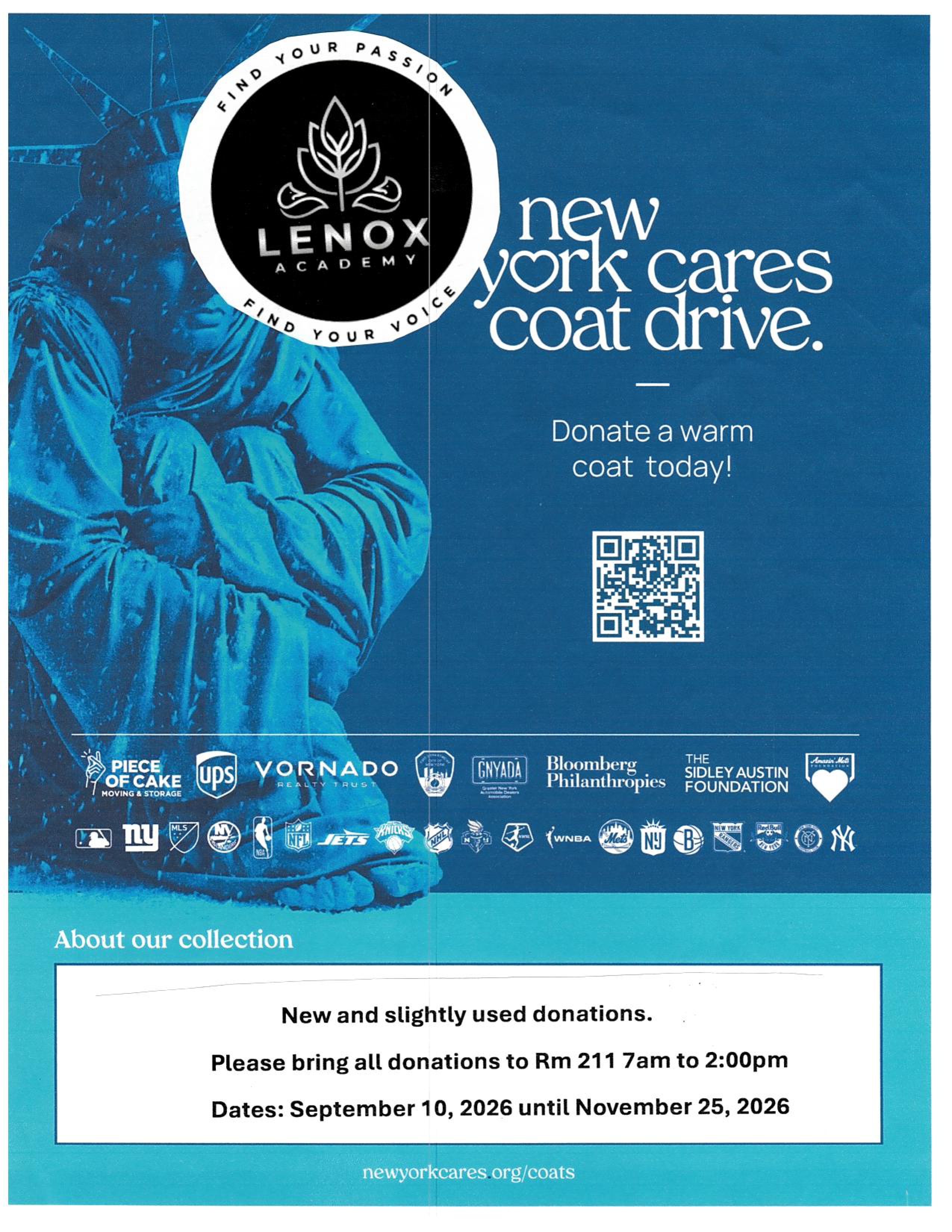 Lenox Academy New York Cares Coat Drive donation flyer fall 2026