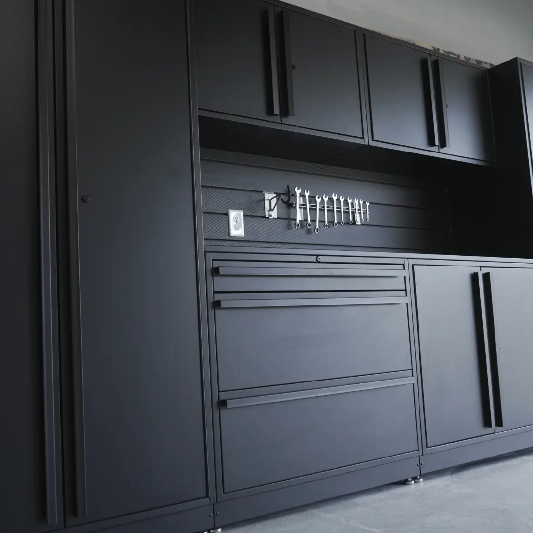 Residential Proslat wall panels with custom garage cabinets by Lifetime Coatings in Utah