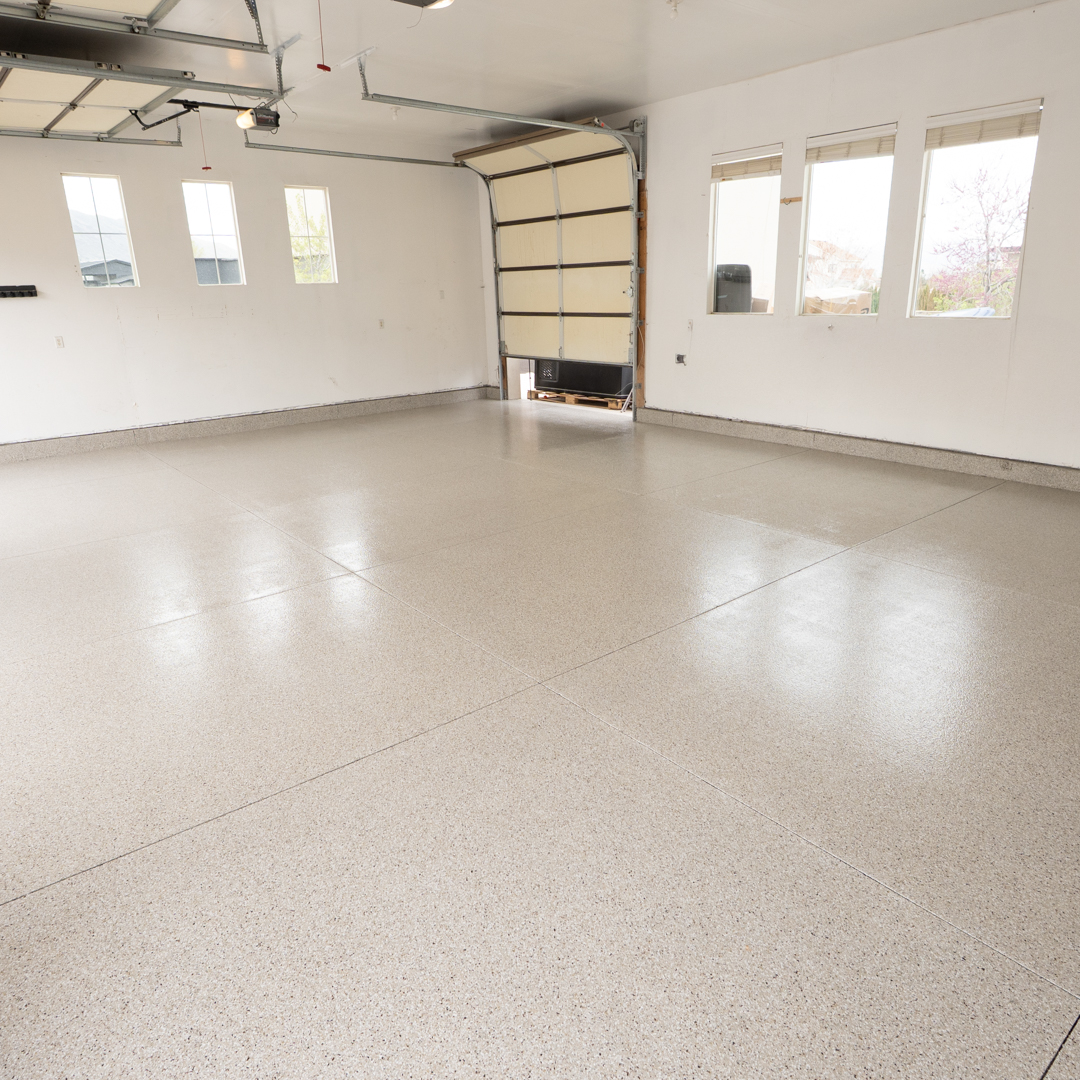Fallout flake epoxy garage floor by Lifetime Coatings