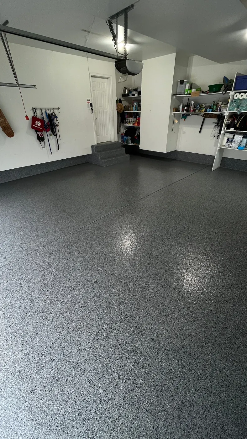 Midnight flake epoxy garage floor by Lifetime Coatings