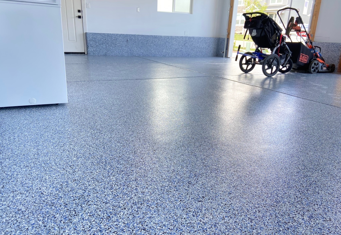 Nautical flake epoxy garage floor by Lifetime Coatings