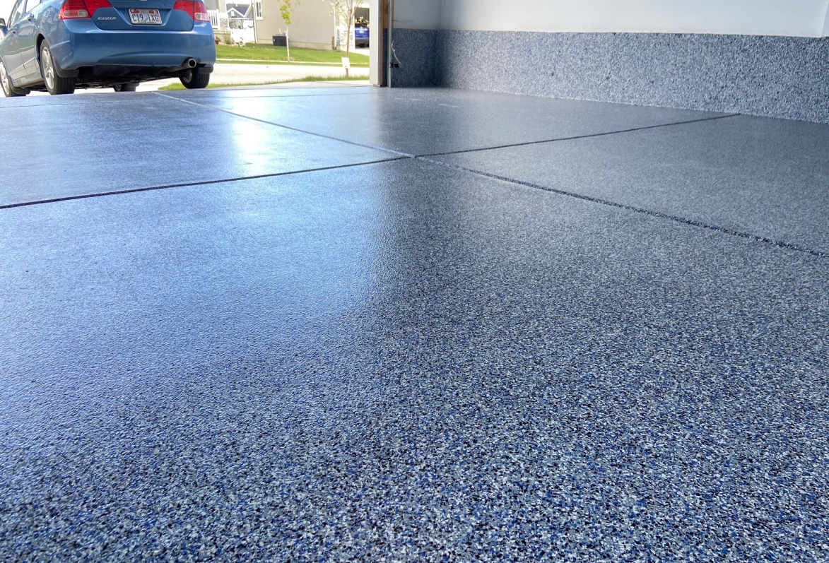Nautical flake epoxy garage floor by Lifetime Coatings