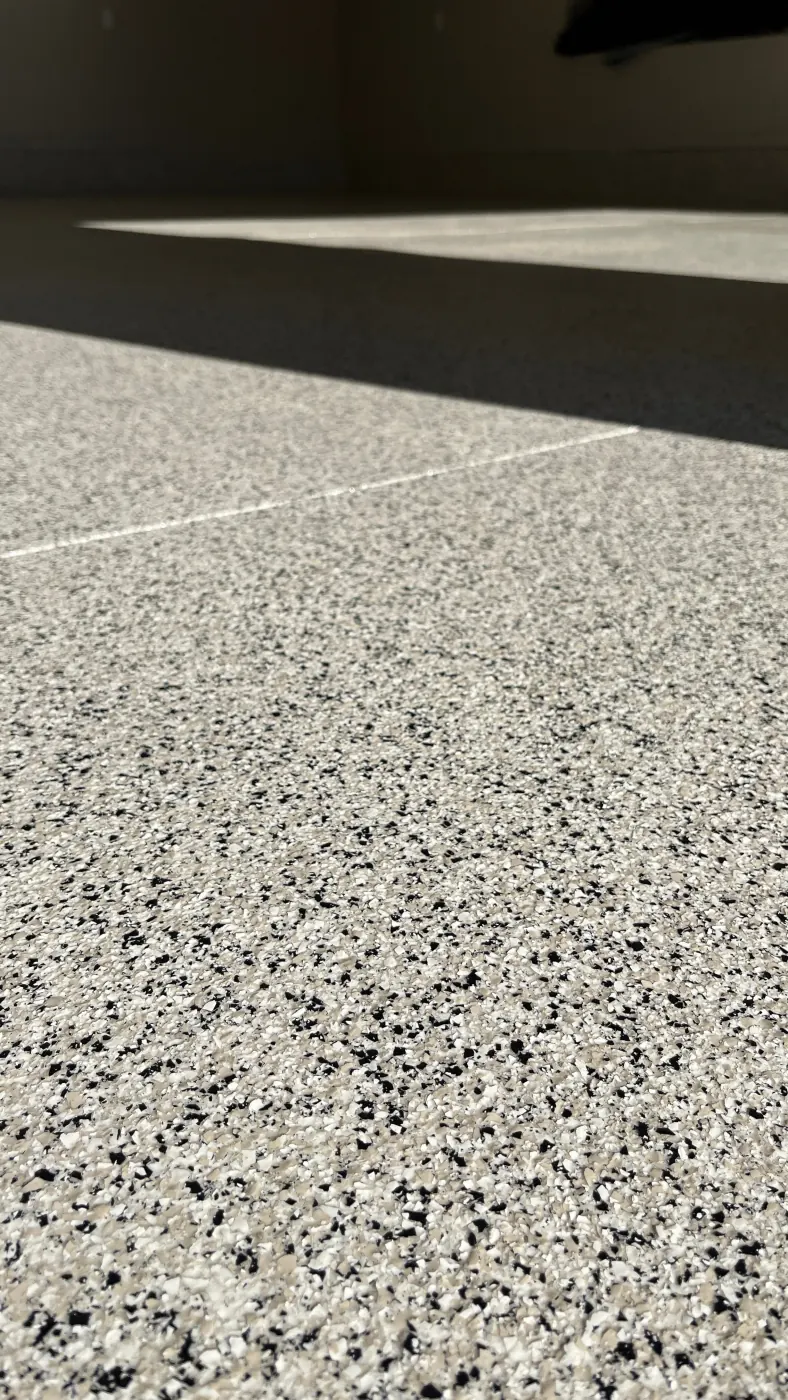 White Granite flake epoxy garage floor by Lifetime Coatings