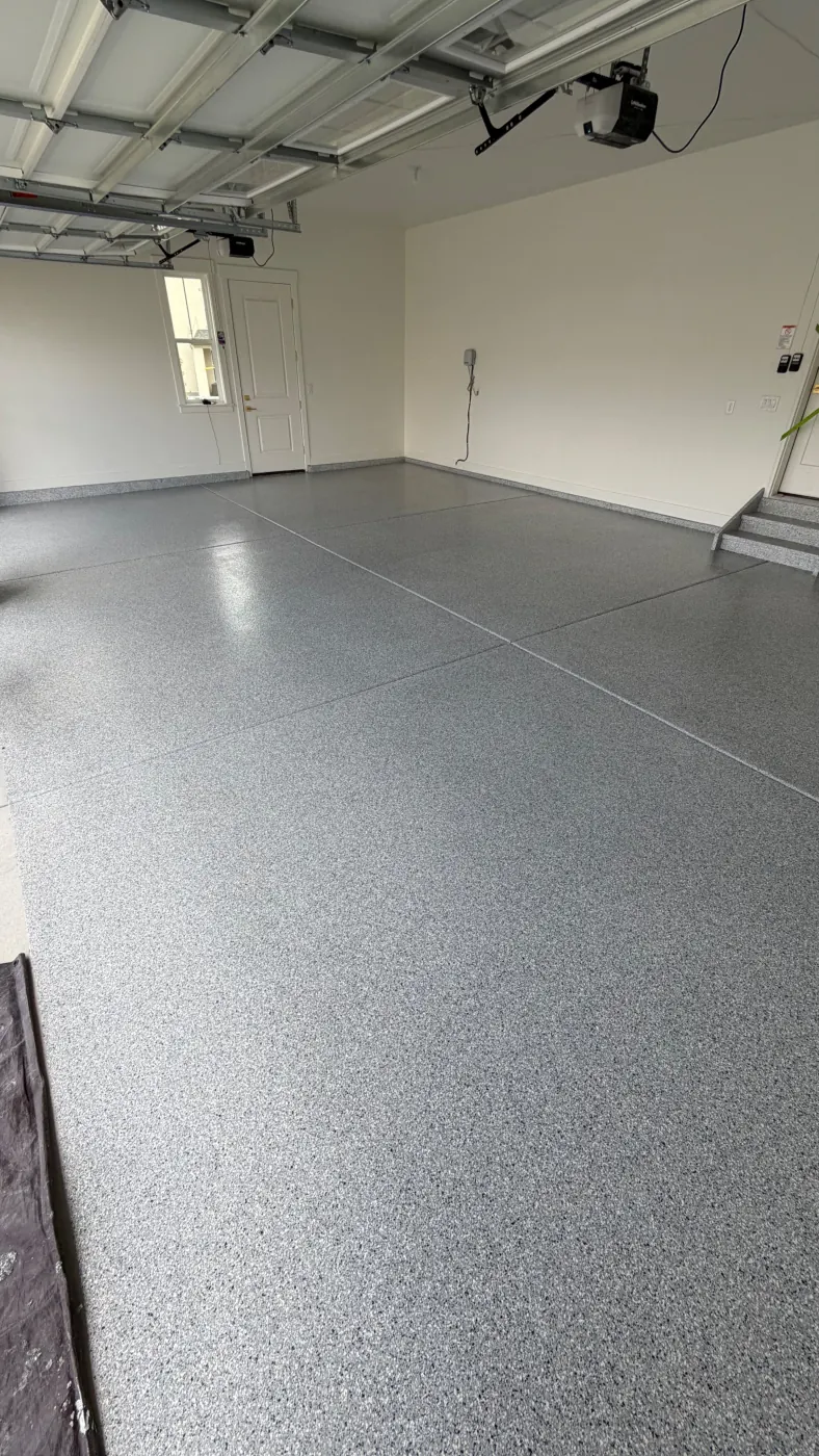 White Water flake epoxy garage floor by Lifetime Coatings