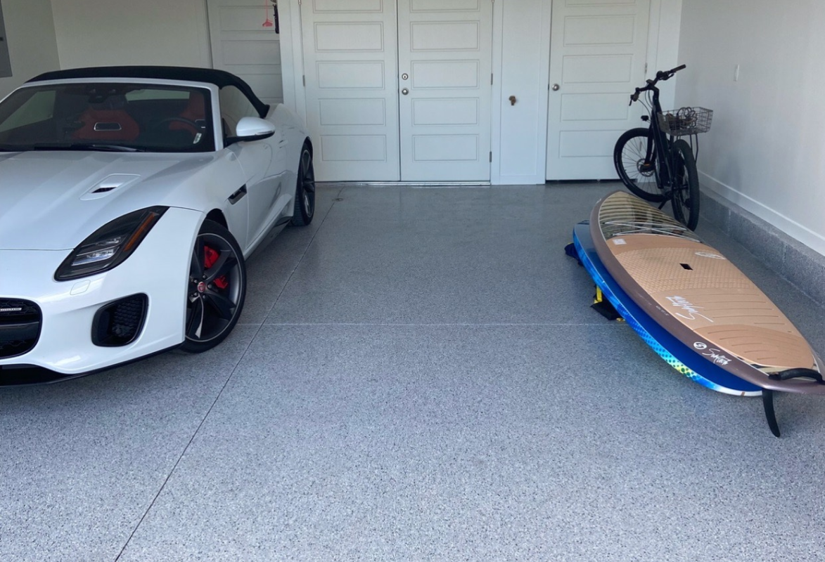 White Water flake epoxy garage floor by Lifetime Coatings
