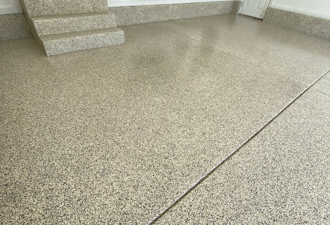 White Granite flake epoxy garage floor by Lifetime Coatings