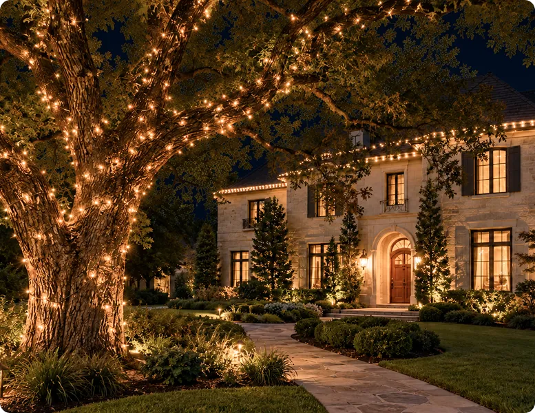 Large front-yard tree wrapped trunk to branch tips in warm white lights