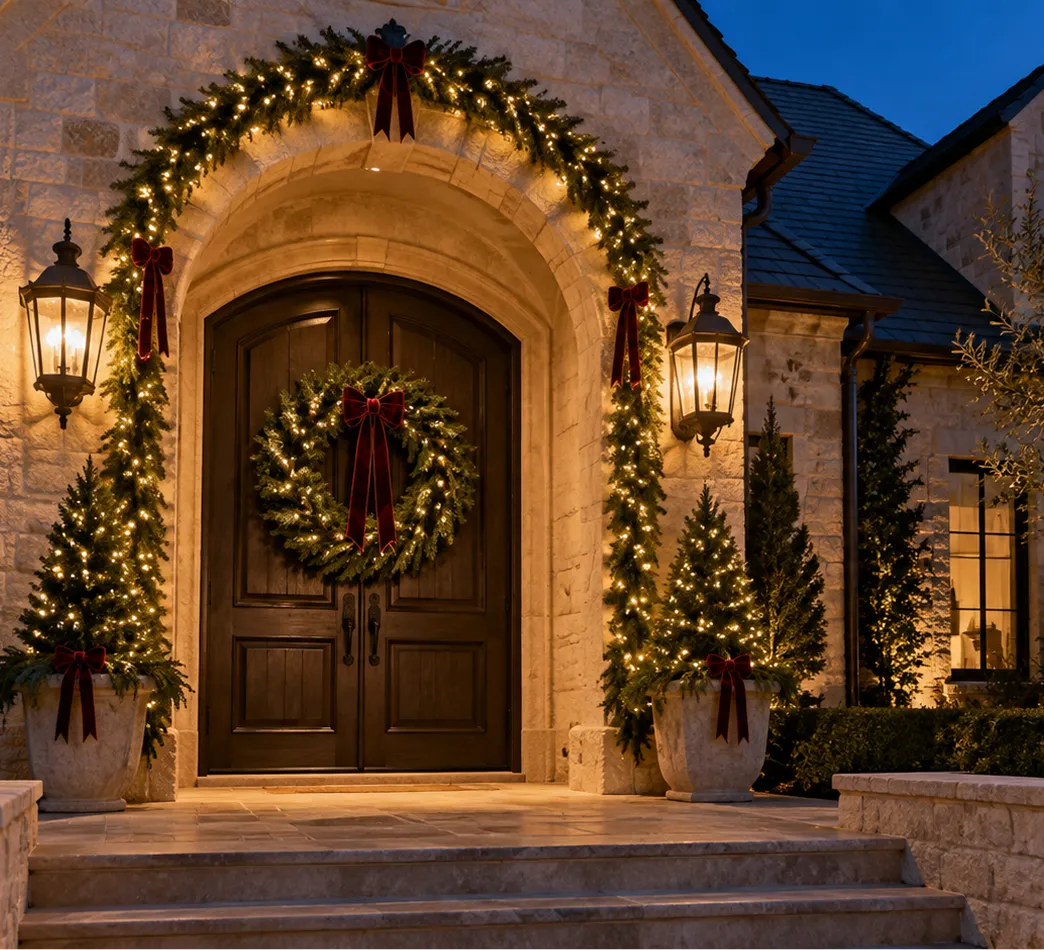Arched front door framed by a lit garland with red bows and a matching wreath