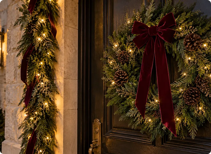 Lit garland on a stone column beside a front door with a lit wreath and red velvet bow