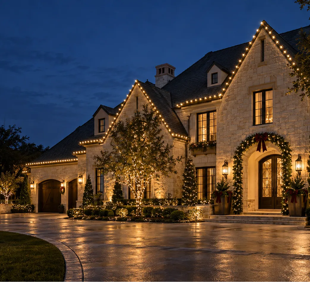 Stone house at dusk with warm white Christmas lights tracing the rooflines