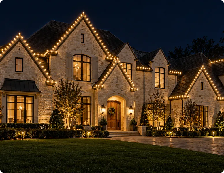 Stone home with evenly spaced warm white lights outlining every roofline and gable