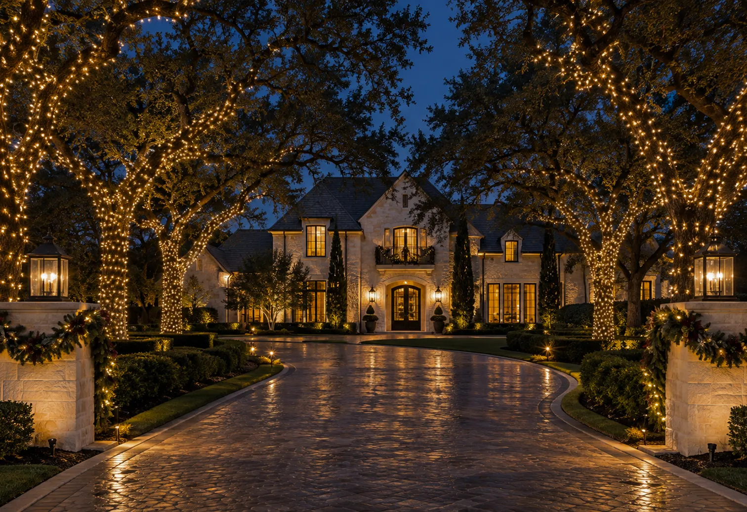 Elegant large stone house at dusk with warm lights glowing from windows and entrance, surrounded by trees wrapped in twinkling string lights, with a curved, wet stone driveway reflecting the lights and two stone pillars decorated with garlands and lanterns at the entrance.