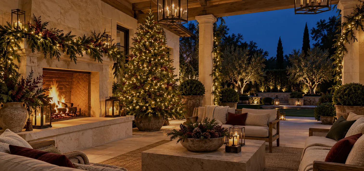 Outdoor patio at dusk decorated for Christmas with a lit fireplace, a large Christmas tree with lights and ornaments in a stone pot, garlands with lights on stone pillars and fireplace mantel, cushioned sofas with pillows around a stone table holding candles and a pinecone centerpiece, and illuminated trees and lanterns in the background garden.