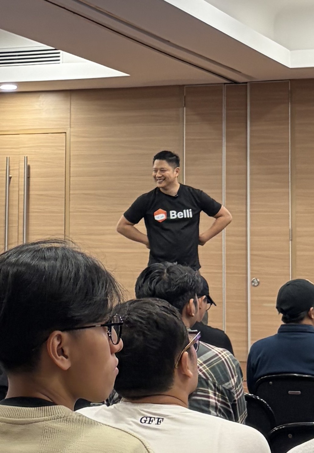 Jeff Pan presenting to a packed room at the Belli x OCBC AI meetup in Jakarta