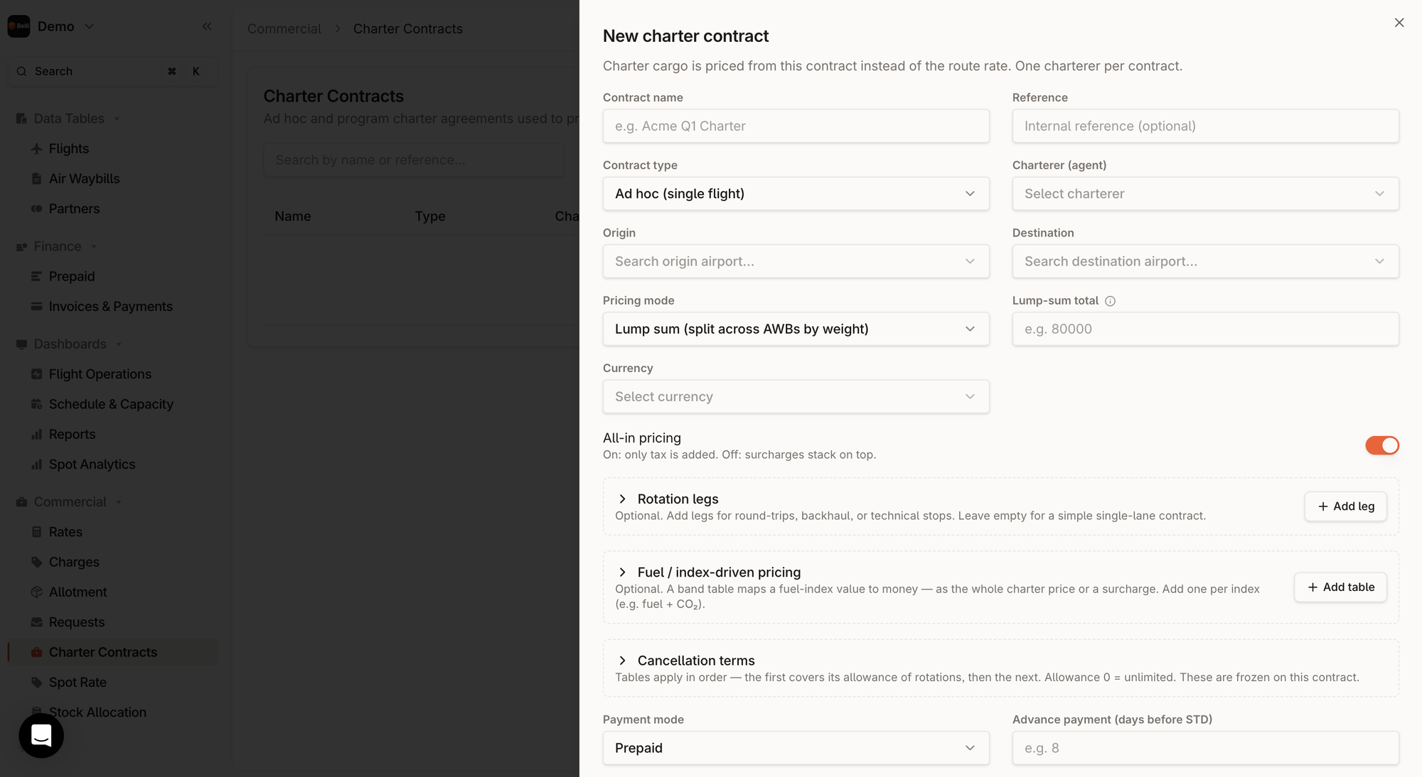 The New charter contract form in Belli, with contract type, charterer, route, lump-sum pricing, rotation legs, fuel-index pricing, cancellation terms and payment mode